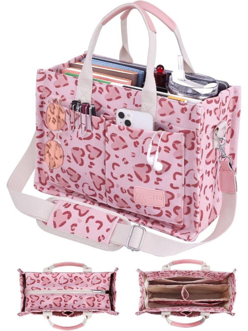 FIORETTO Canvas Women's Rose Heart Tote Zipper Closure & Compartment Pocket Bags